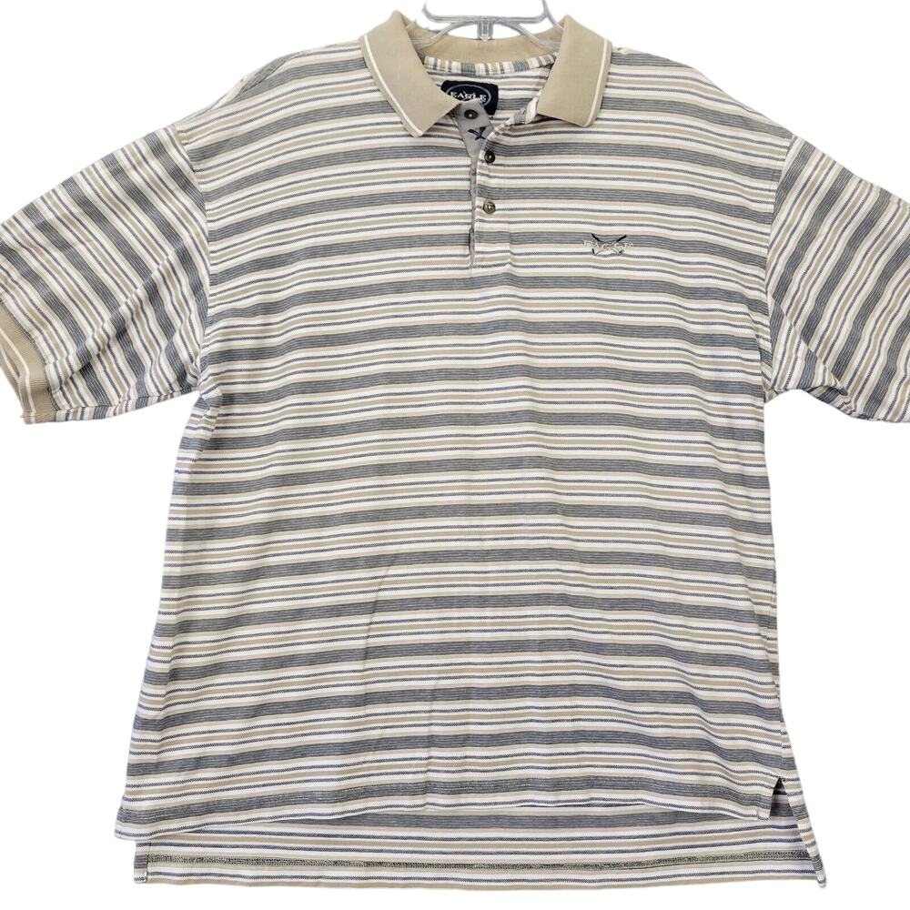 Eagle Golf Short Sleeve Polo Mens Large White Tan Striped Classic Cotton Shirt
